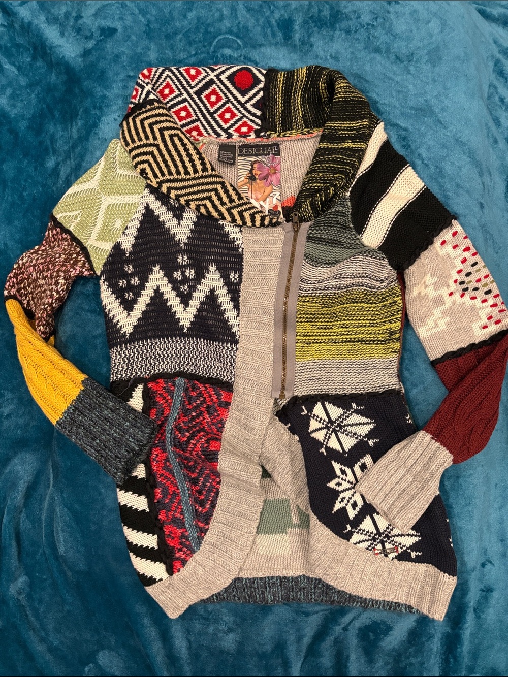 Desigual Multicolor Patchwork Knit Zip-Up Sweater - Women